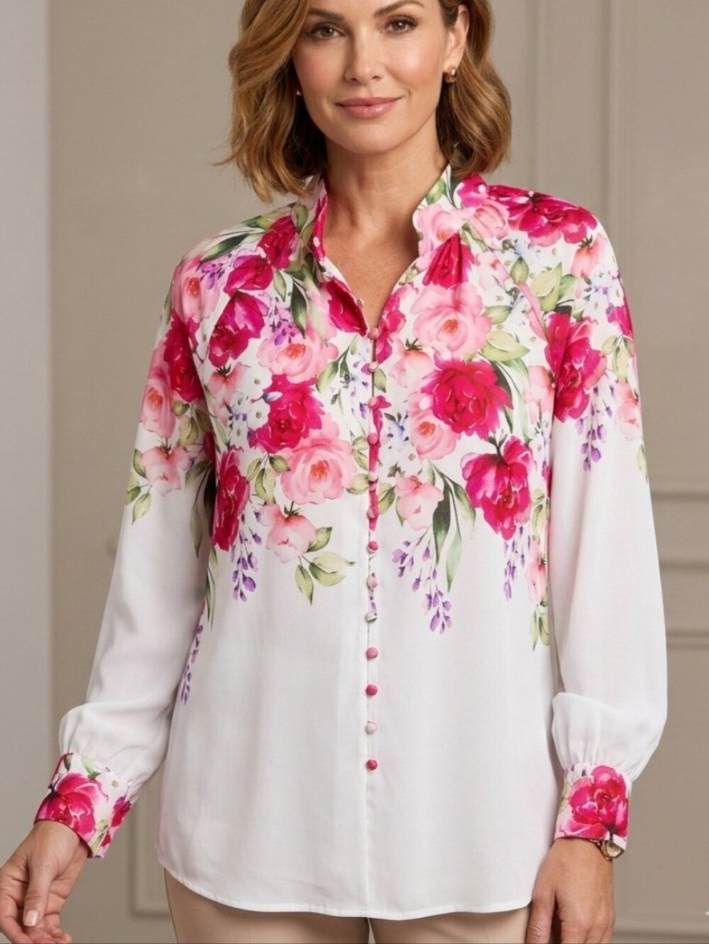 Boston Proper Floral Button-Front Blouse - Pink/White